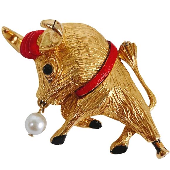 VTG 1960s Gold Tone Enamel Bull Brooch Mid Century Figural Whimsical Collectible - Picture 1 of 13